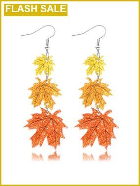 Glitter Maple Leaf Dangle Earrings Acrylic Stainless Steel Fall Thanksgiving